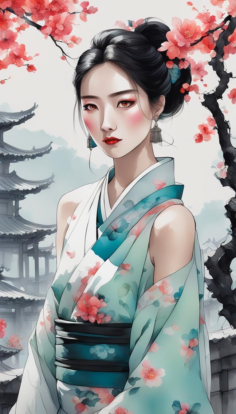 Minimalist Chinese Ink Painting of a Beautiful Woman