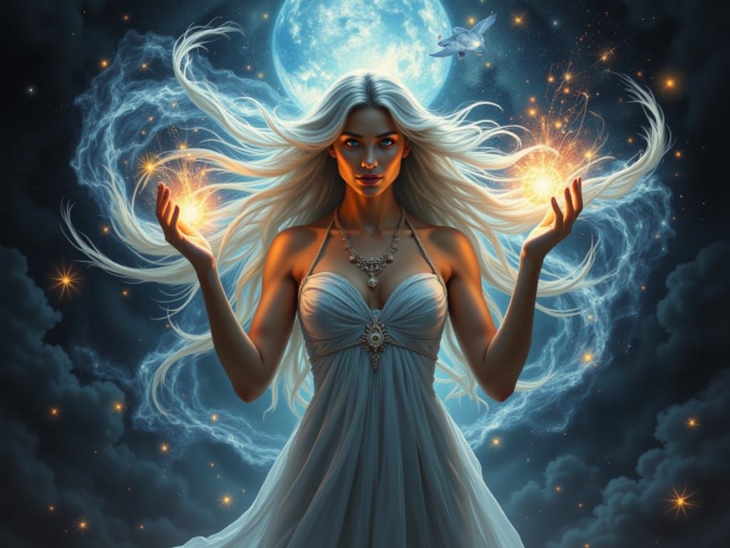 Voluptuous Woman Conjures Elemental Orbs with Glowing Presen...