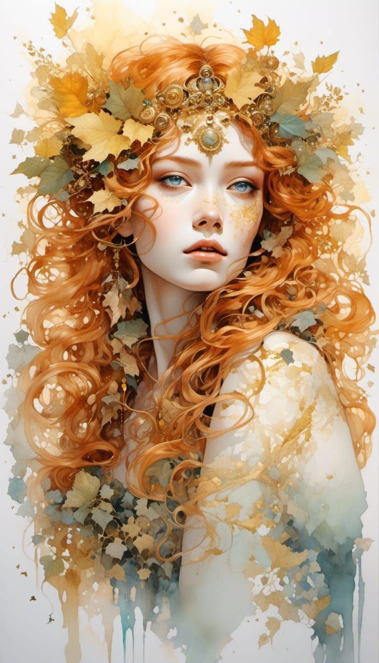 Sunshine Woman with Golden Wreath, Watercolor Art