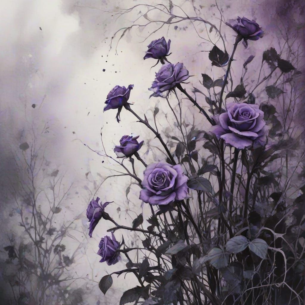 Ethereal Watercolor of Abandoned Garden with Black Roses