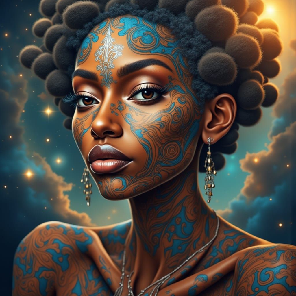 Celestial Being Portrait with Glowing Tattoos