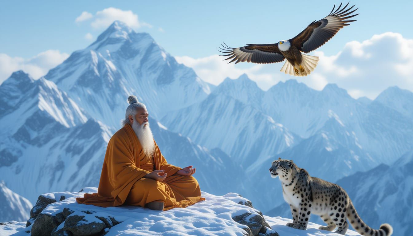 Ancient Sage Meditating with Snow Leopard Guard on Himalayan...