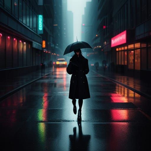 Neo-Noir Woman on Rainy City Street