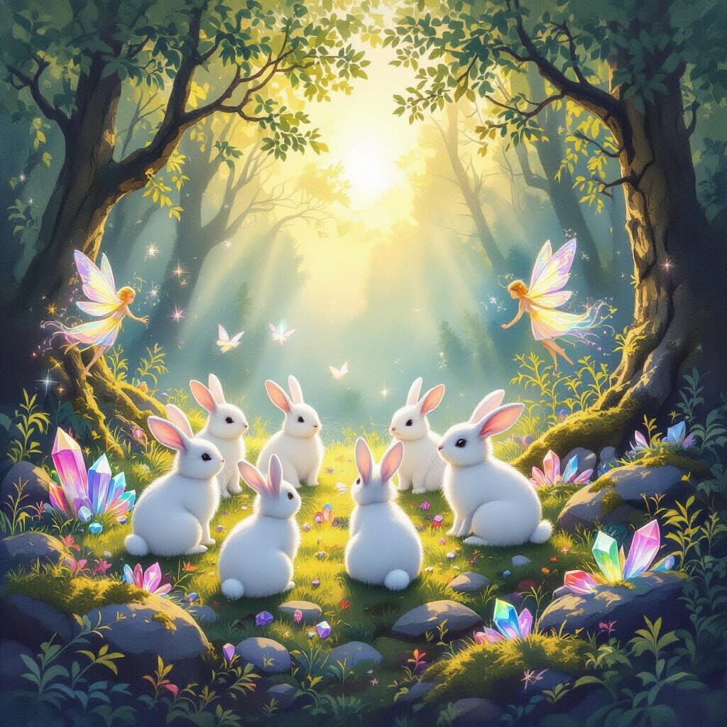 White Rabbits in Magical Forest Sunrise with Fairies and Cry...