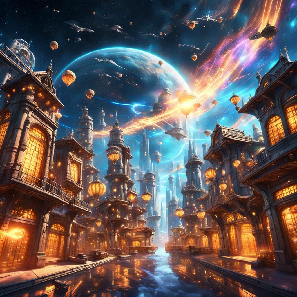 Majestic Flying City Drifting Among the Stars