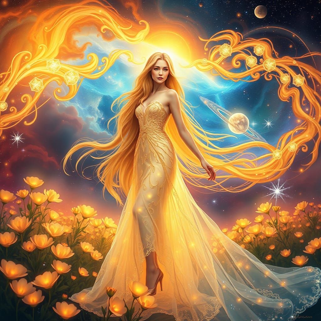 Ethereal Goddess Among Glowing Flowers in Cosmic Nebula