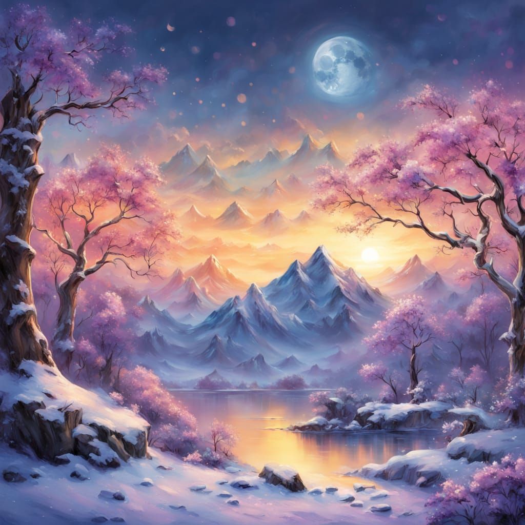 Chinese Sunrise Landscape in Watercolor Style