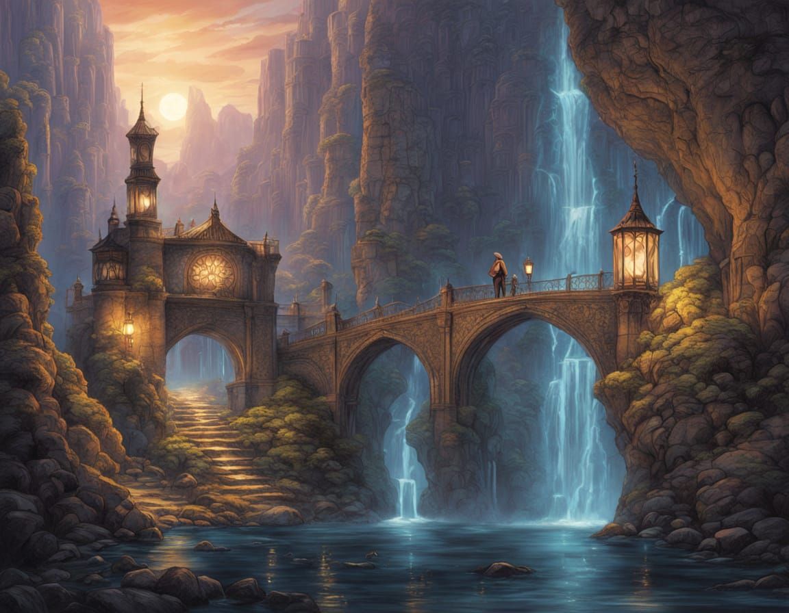 Elven City Carved Into Mossy Cliff With Waterfalls and Lante...