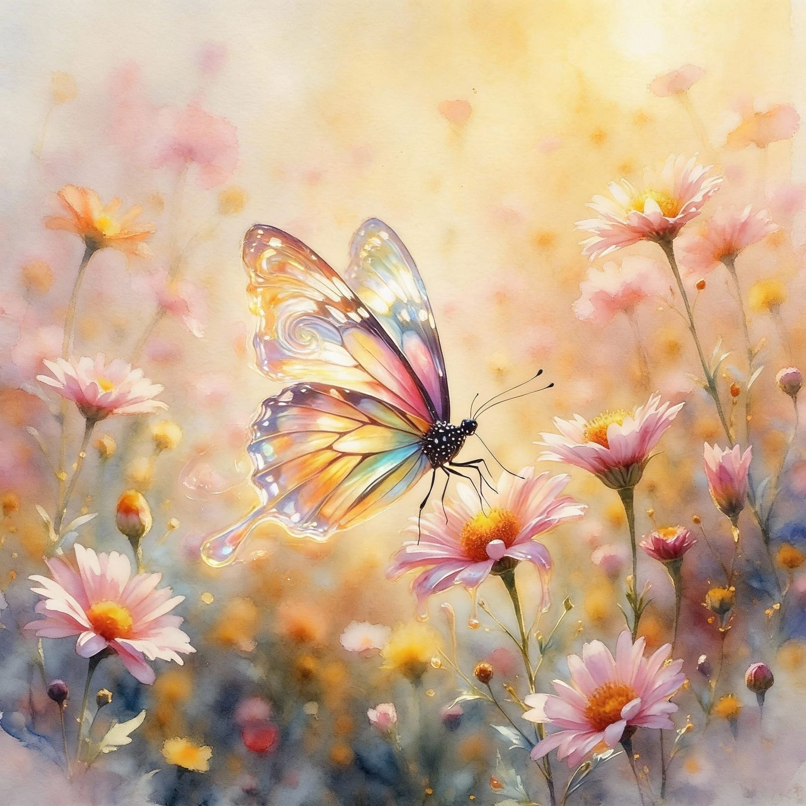 Butterfly with Watercolor Wings in Melting Flower Field