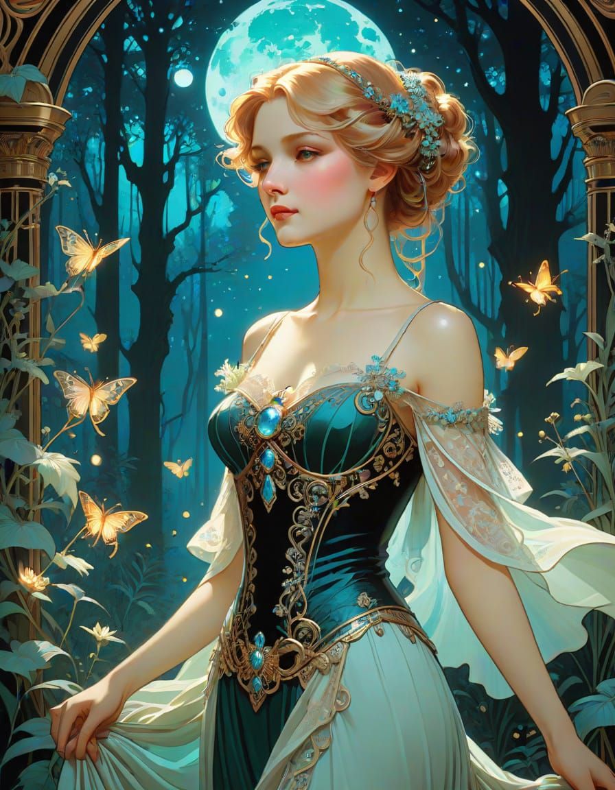 Elegant Victorian Lady in Art Nouveau Bioluminescent Forest