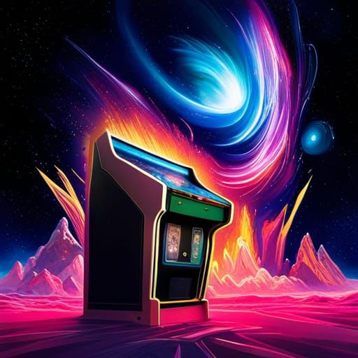 Teenager Plays Arcade Game in Space: Sci-Fi Concept Art