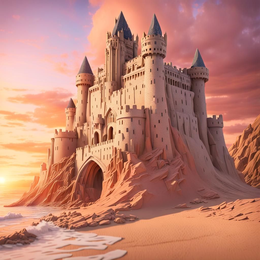 Minas Tirith Sandstone Castle Replica on Beach at Sunset