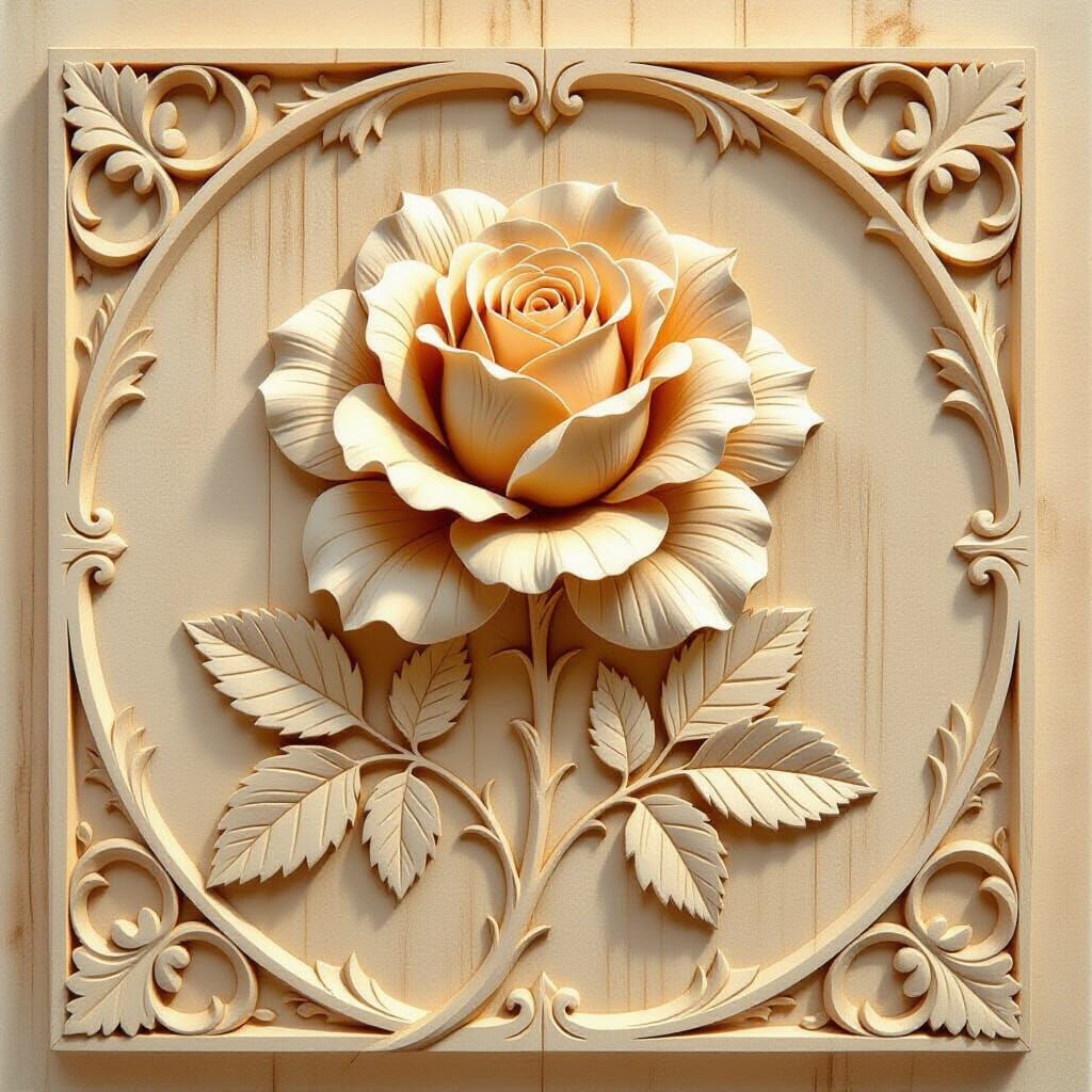 Detailed Wood Relief Carving of a Rose in Bloom