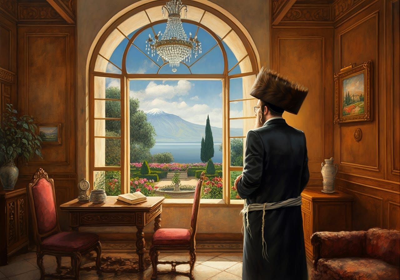 Dignified Hasidic Man in Elegant Home with Traditional Furni...