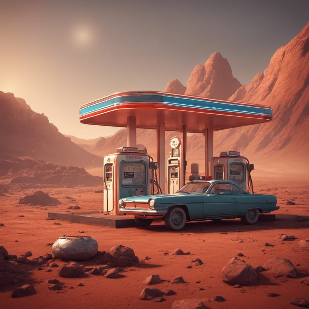 Retro Gas Station on Mars: Detailed Matte Painting