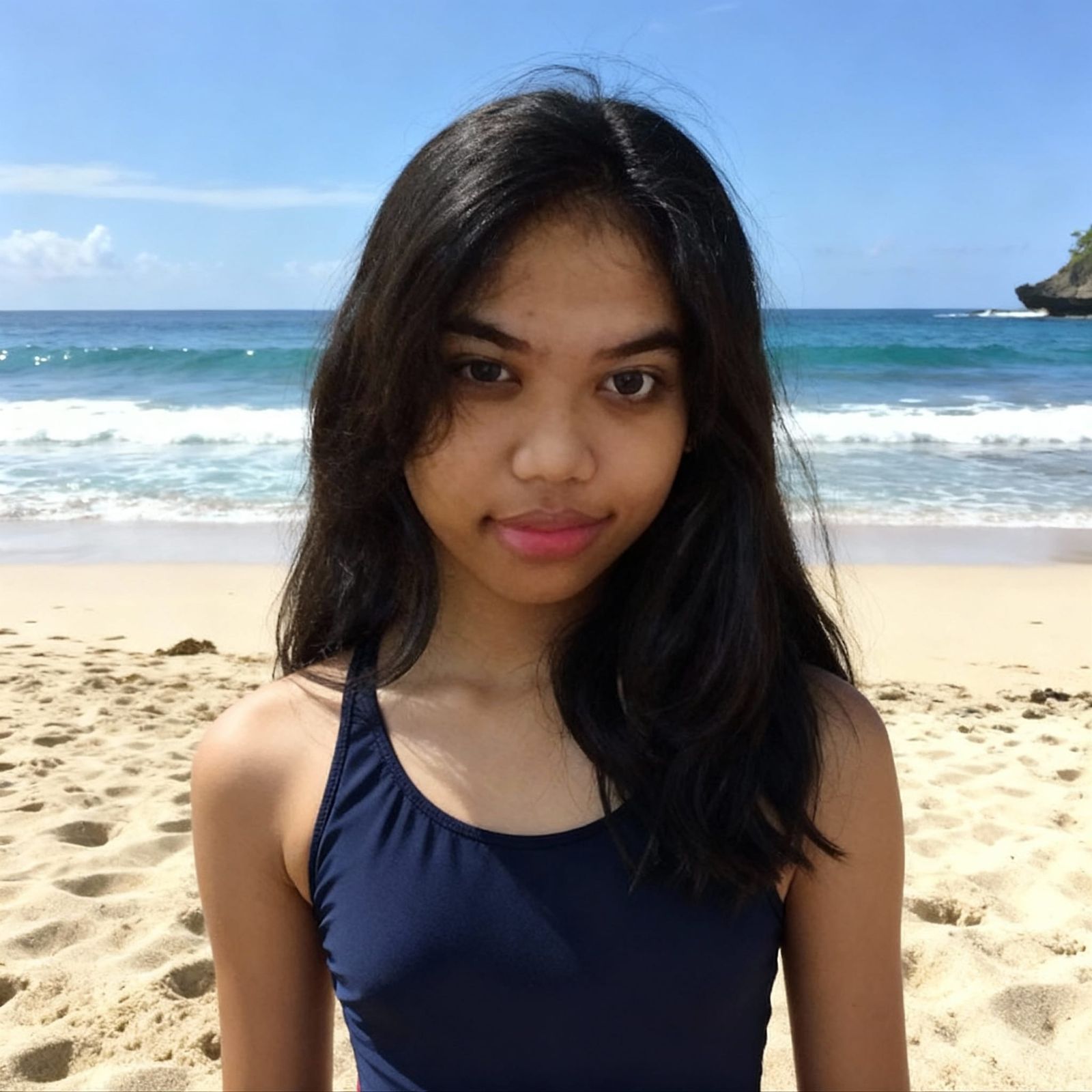 Asian Woman Poses on Bali Beach in Plain Swimsuit