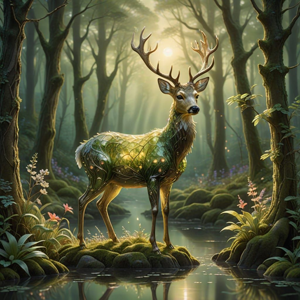 Ethereal Glass Deer in Verdant Mossy Habitat