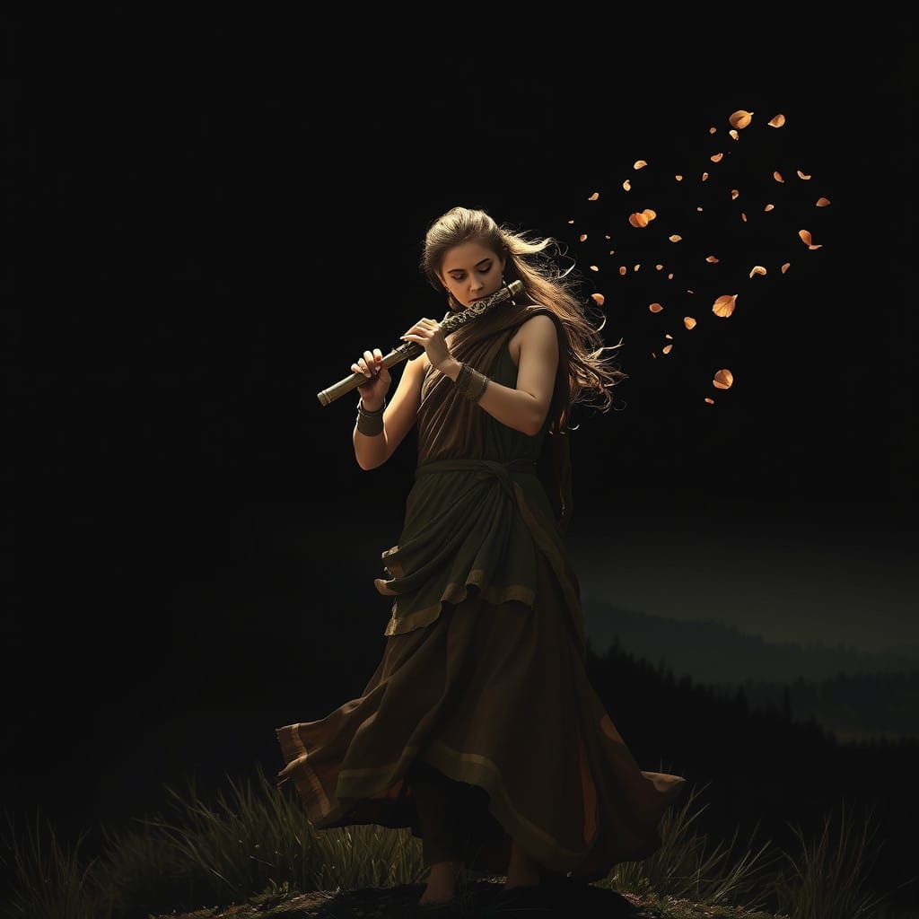 Mysterious Bronze Age Flute Player in Eerie Black Landscape