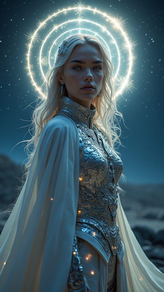 Divine Warrior Woman in Silver Armor with Fractal Runes