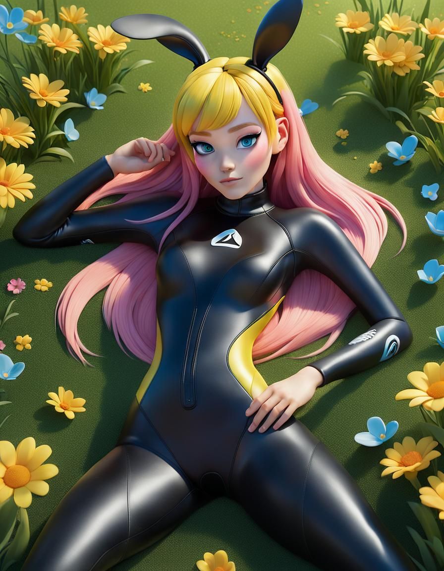 Woman with Rabbit Ears in Meadow, 3D Render