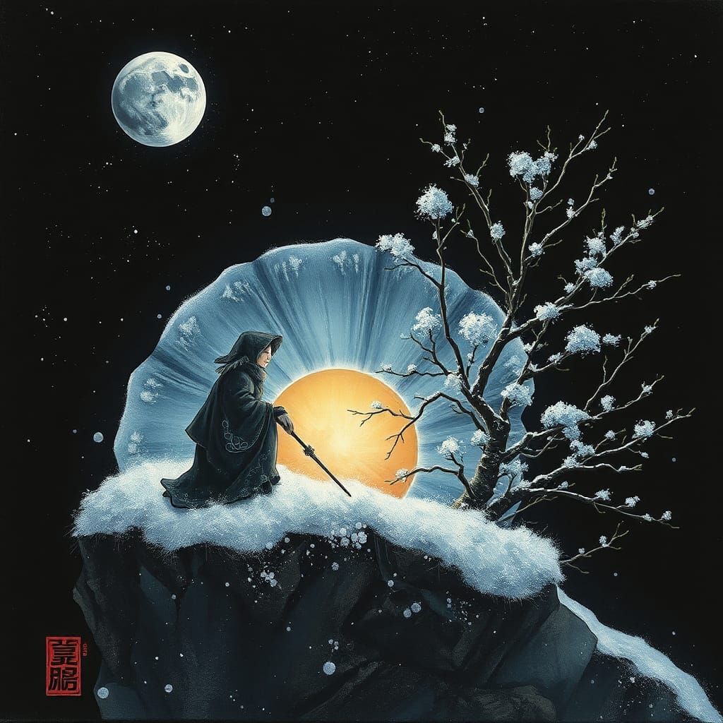 Winter Landscape in Aquarelle Style with Asteroid