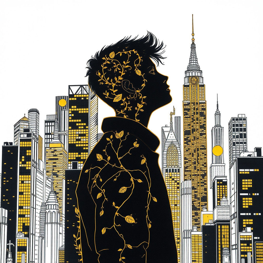 Gold and Black Ink Silhouette: Urban Dreamscape