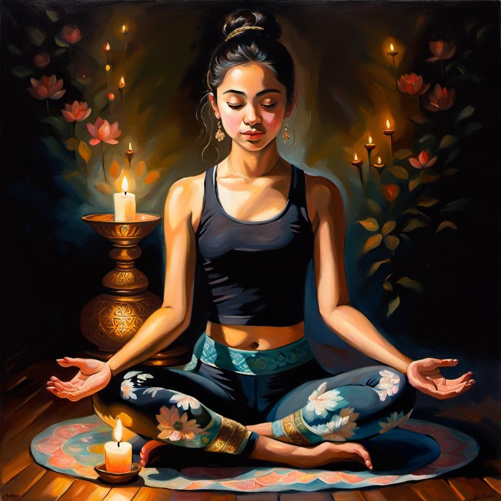 Woman in Lotus Pose: Oil Painting in Romantic Style