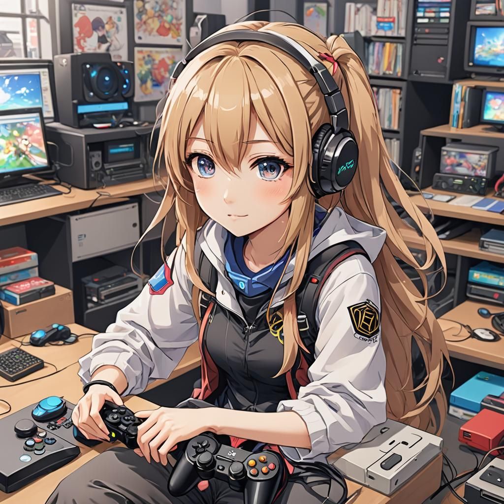 Cute Anime Gamer Girl in Key Visual Style