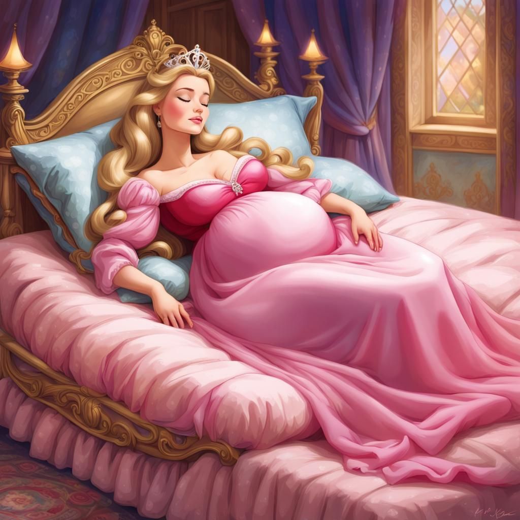 Pregnant Sleeping Beauty on Luxurious Bed