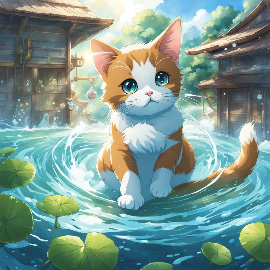 Cat with Water Powers in Anime Style