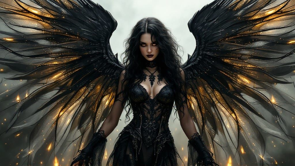 Goth Angel with Black Wings in Orphism Style