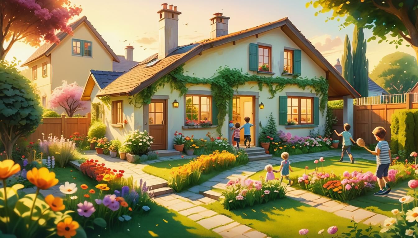 Idyllic Family Home and Garden in Watercolor Style