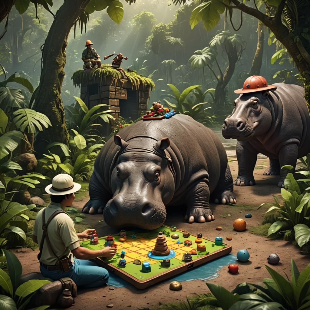 Man Plays Game with Hippo in Lush Jungle, 3D Render