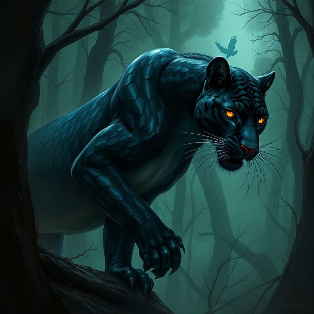 Scaled Panther in Dark Fantasy Forest