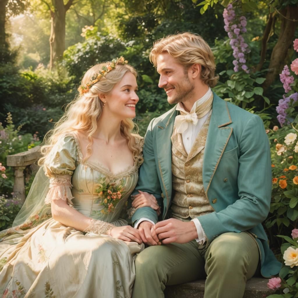 Regency Lovers in Lush English Garden, Romantic Realism