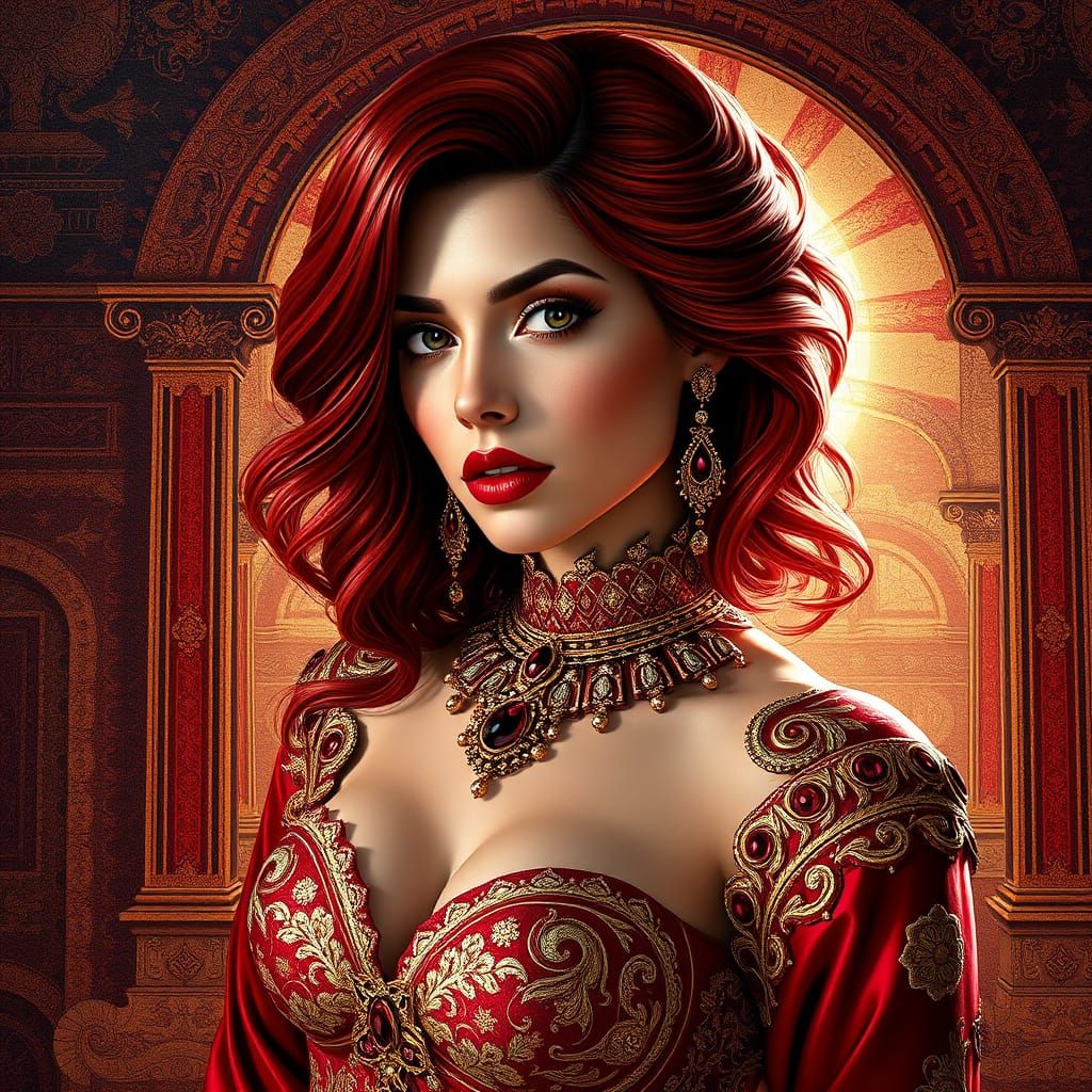 Stunning Latina Woman in Crimson and Gold Outfit