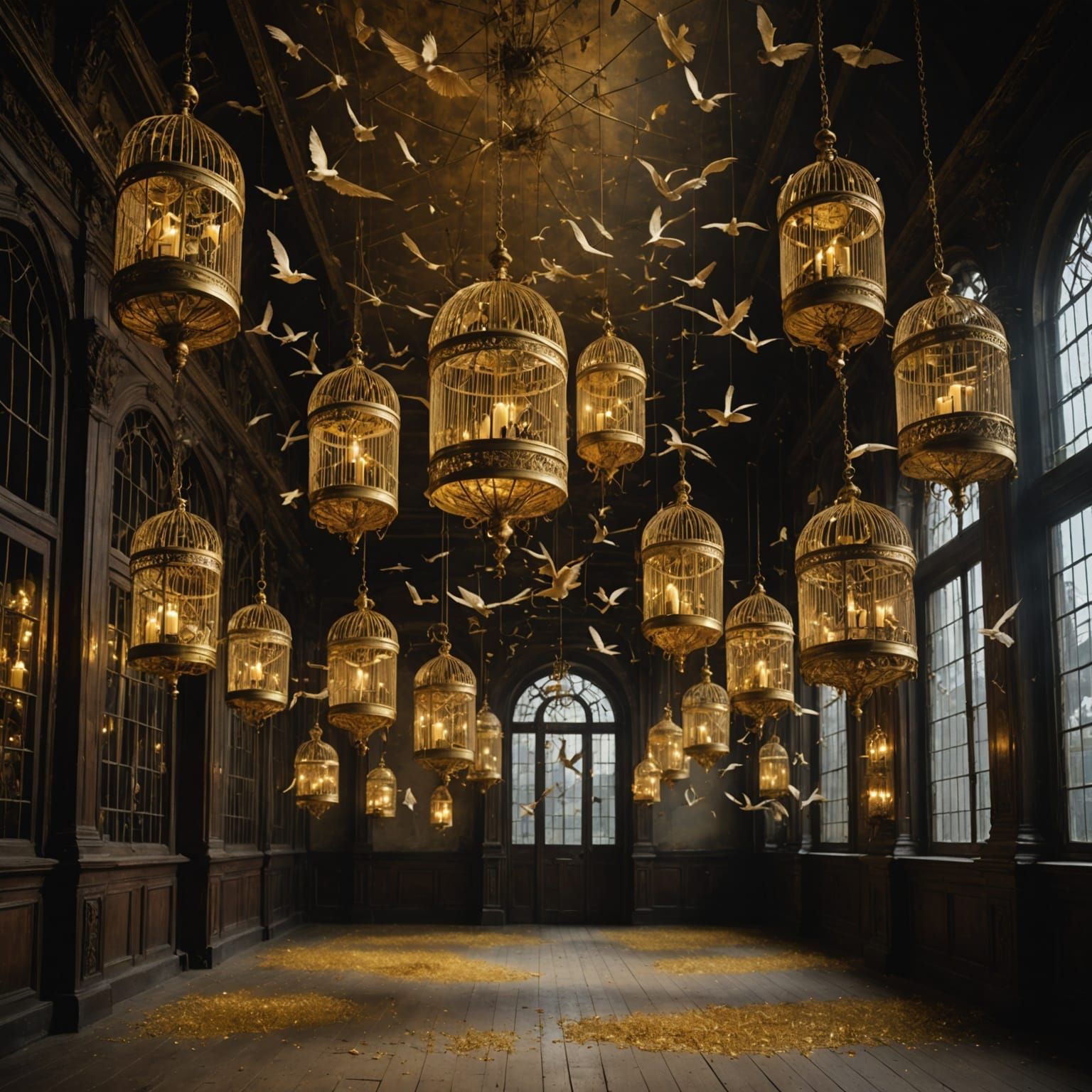 Floating Birdcages in a Grand Hall: Surreal Freedom