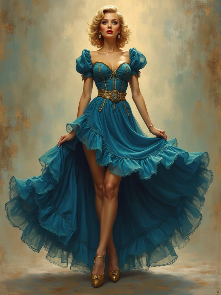 Confident Pin-Up in Neo-Baroque Dress as Oil Painting