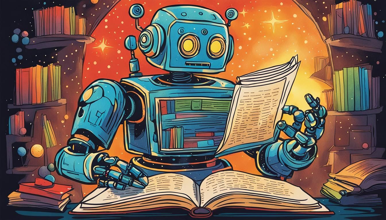 Robot Reading: Whimsical Glowing Ink Illustration