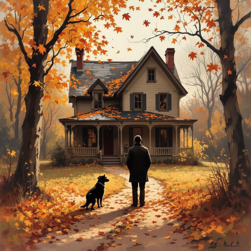 Autumn House Scene with Man and Dog in Painterly Style