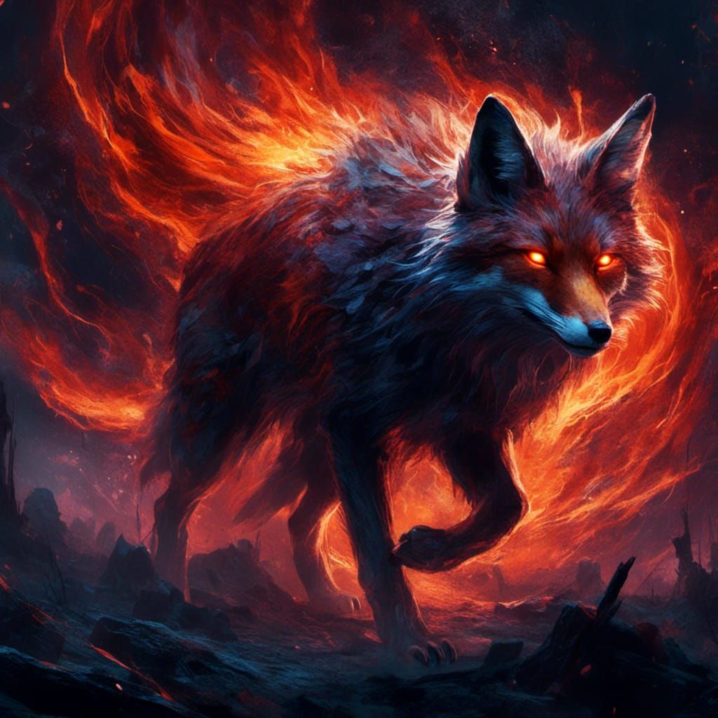Flaming Vermillion Fox in Dark Fantasy Style