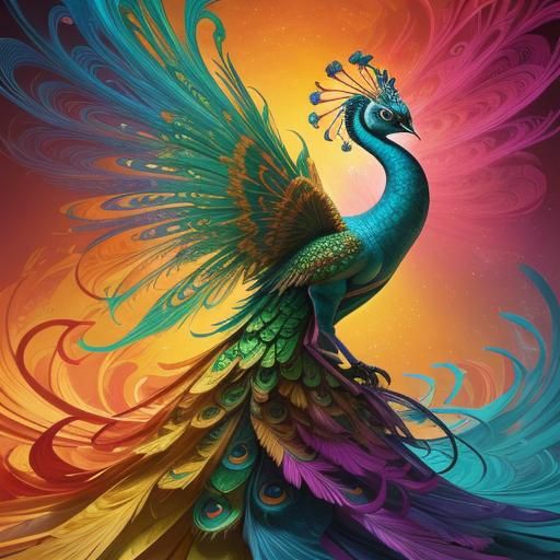 Dragon-Peacock Woman in Vibrant Abstract Expressionism