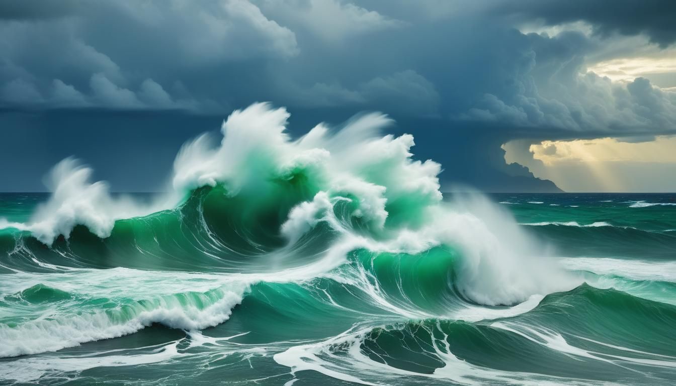 Turmoil at the Ocean's Edge: Stormy Seascape with Water Spou...