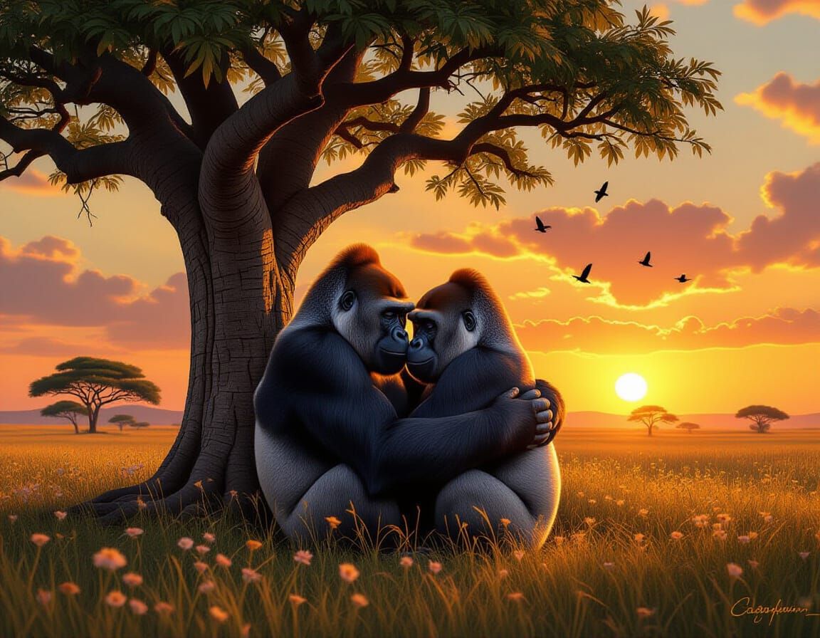 Gorilla Couple's Tender Embrace on the Savanna