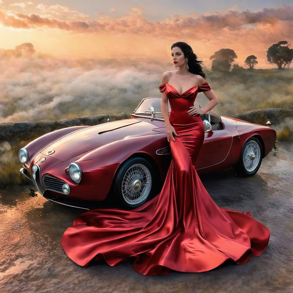 Woman in Red Dress With Alfa Romeo in Riverina
