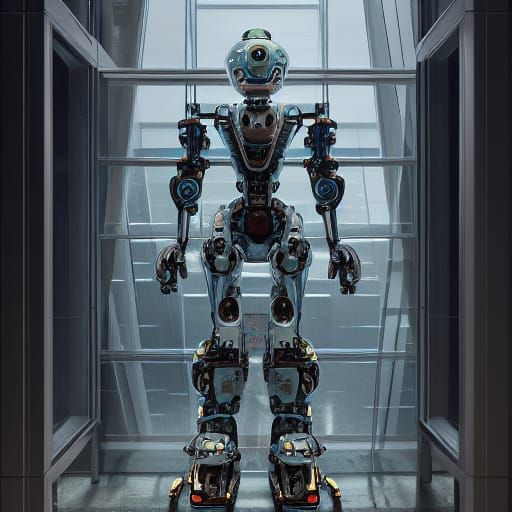 Humanoid Robot Building Glass Rooms, Detailed Matte Painting