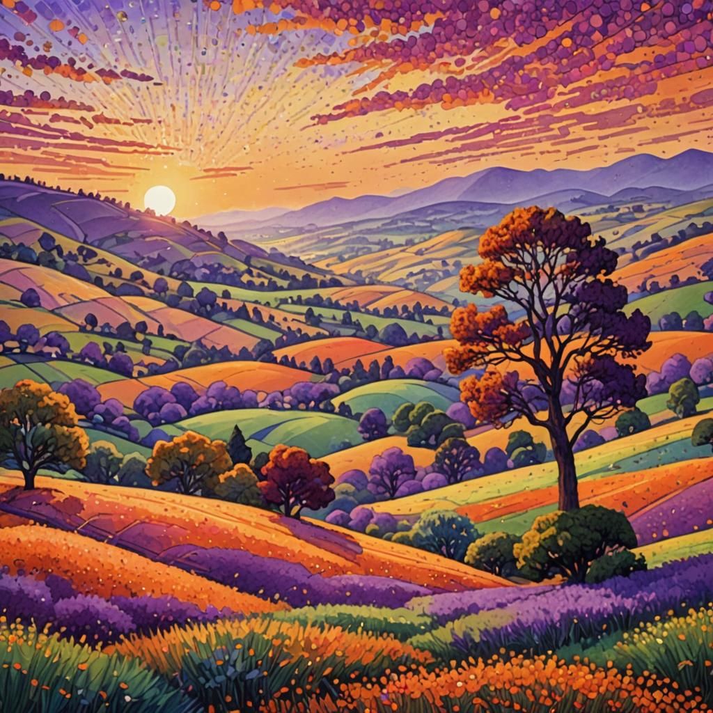 Pointillist Sunset Landscape in Digital Painting Style