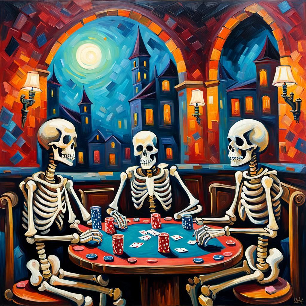 Skeletons' Poker Night: Expressionist Oil Painting
