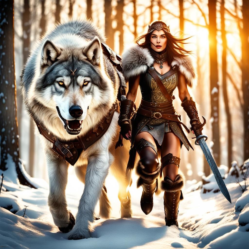 Winter Barbarian Princess Hunting with Snow Wolf