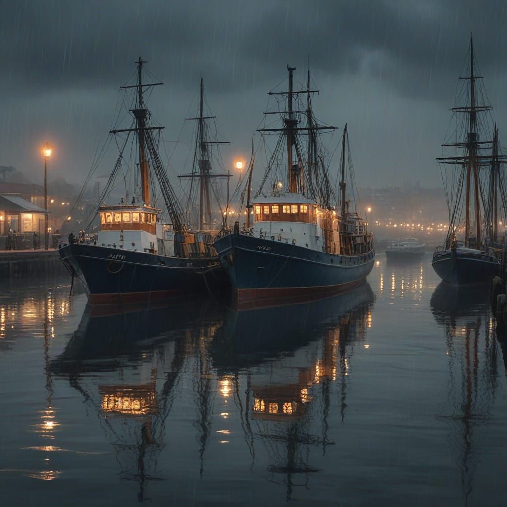 Gloomy Seaport at Evening: Moody Impressionist Digital Paint...